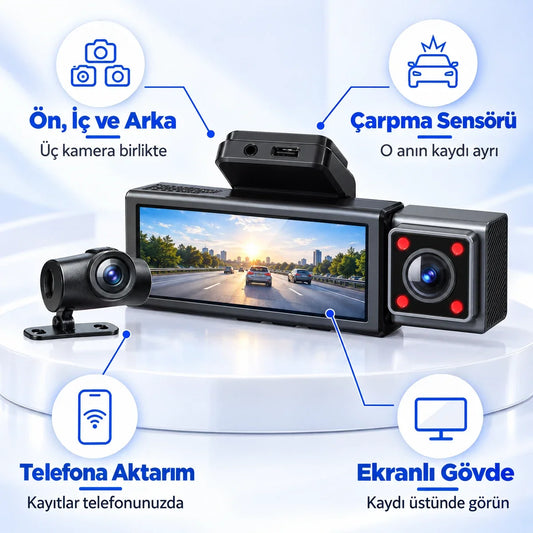 Üç kameralı araç kamerası kare 2
