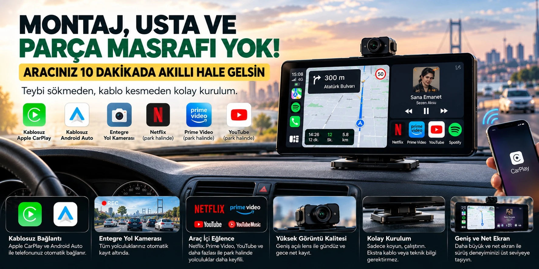Kablosuz araç ekranı: teybi sökmeden telefonunuz ekranda, yol kamerası da içinde