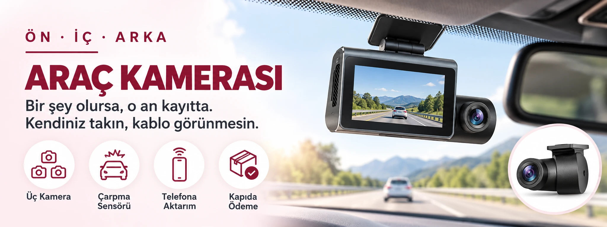 Araç kamerası: ön, iç ve arka kayıt, çarpma sensörü, telefona aktarım