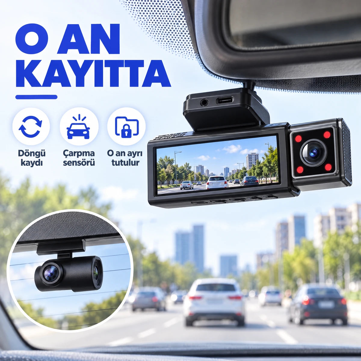 Üç kameralı araç kamerası