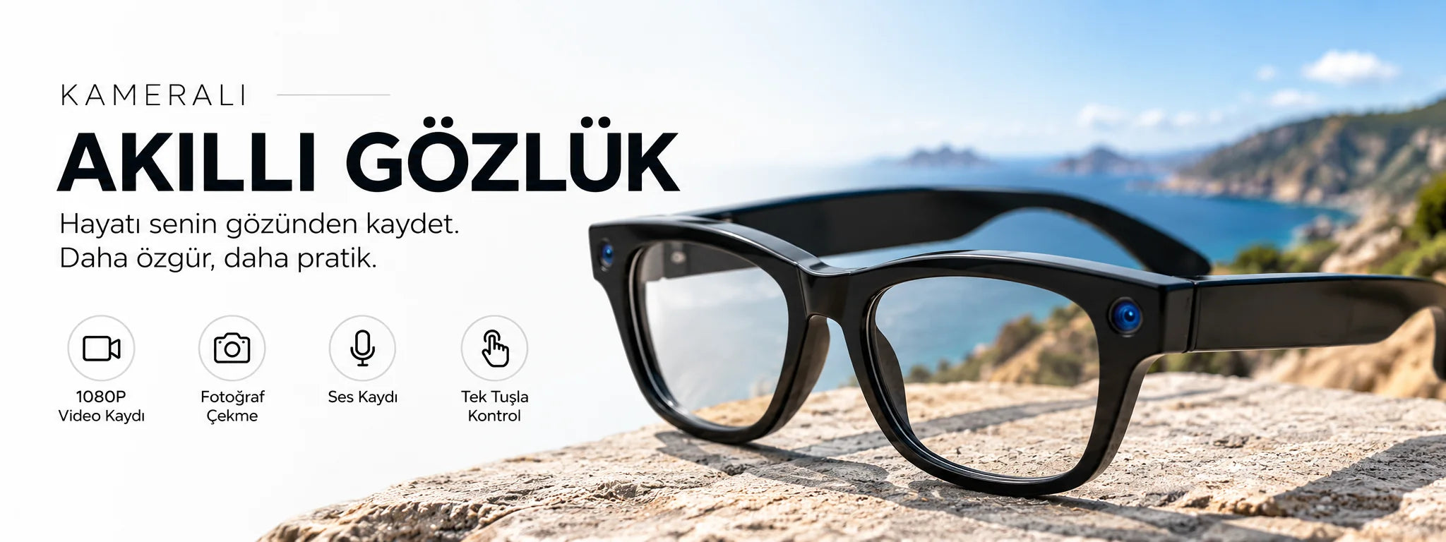 Kameralı akıllı gözlük: 1080P video kaydı, fotoğraf, ses kaydı, tek tuşla kontrol