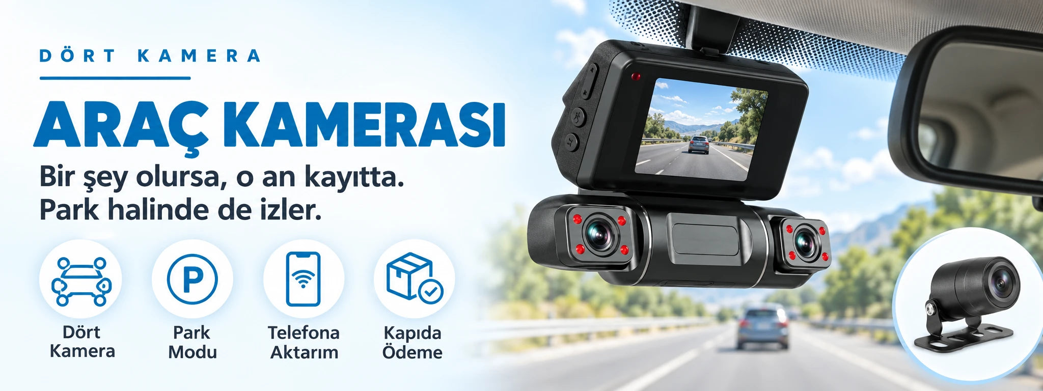 Dört kameralı araç kamerası: ön, iç ve arka kayıt, park modu, telefona aktarım