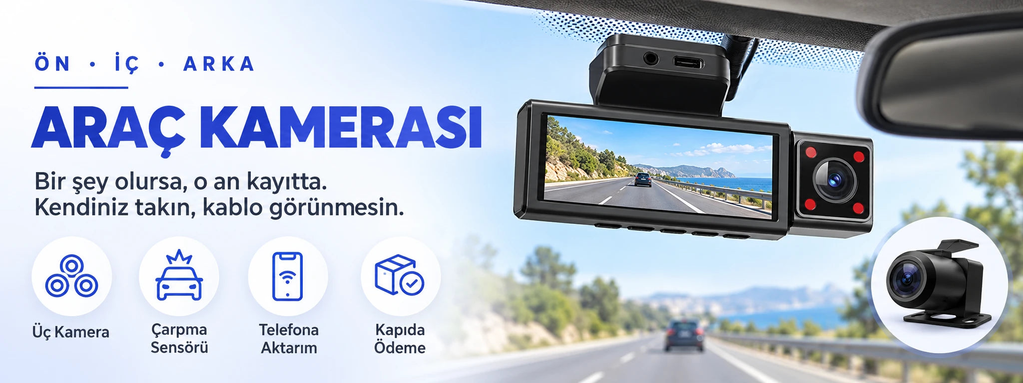 Üç kameralı araç kamerası: ön, iç ve arka kayıt, çarpma sensörü, telefona aktarım